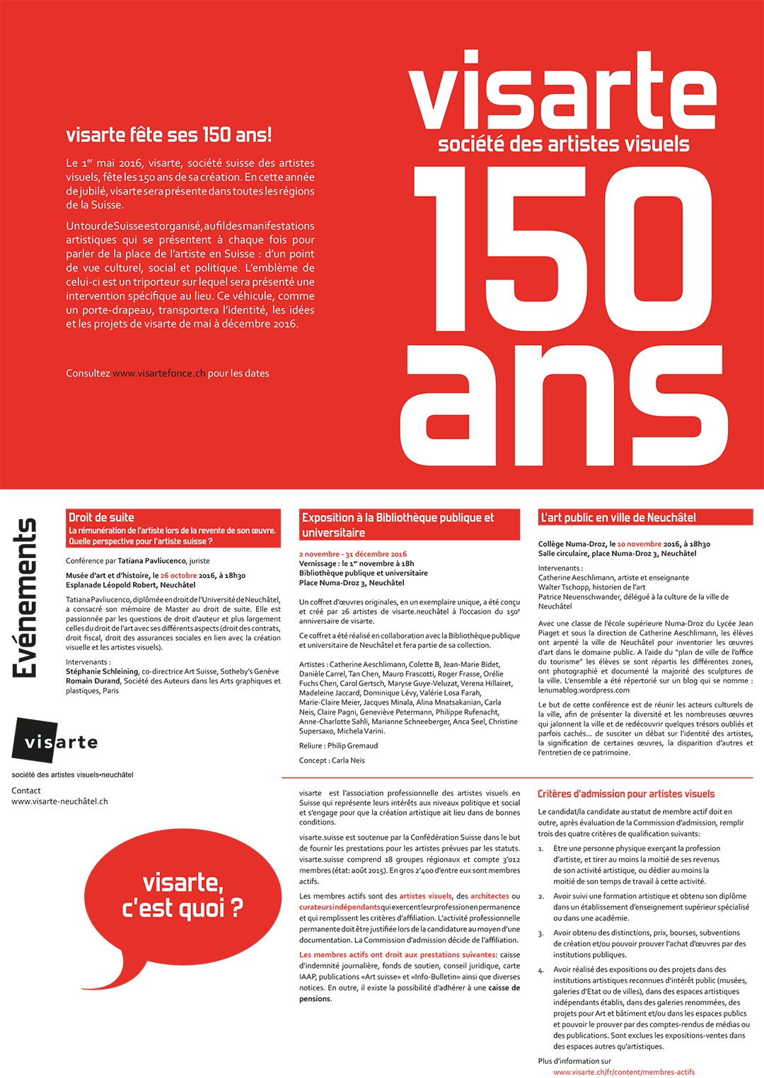 26.10 – 31.12.2015 Visarte fête ses 150 ans!
